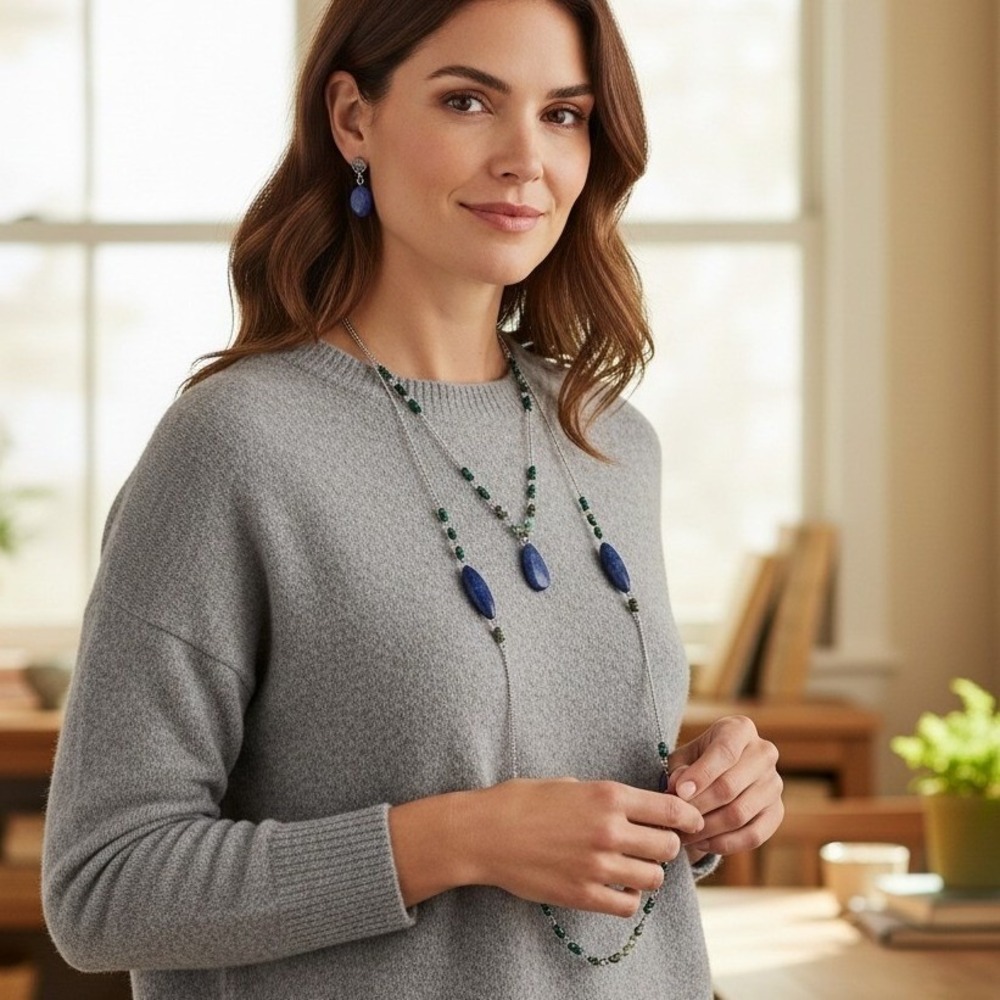 J Jill Lapis Lazuli Convertible Necklace and Drop Earrings Set Blue Silver NEW